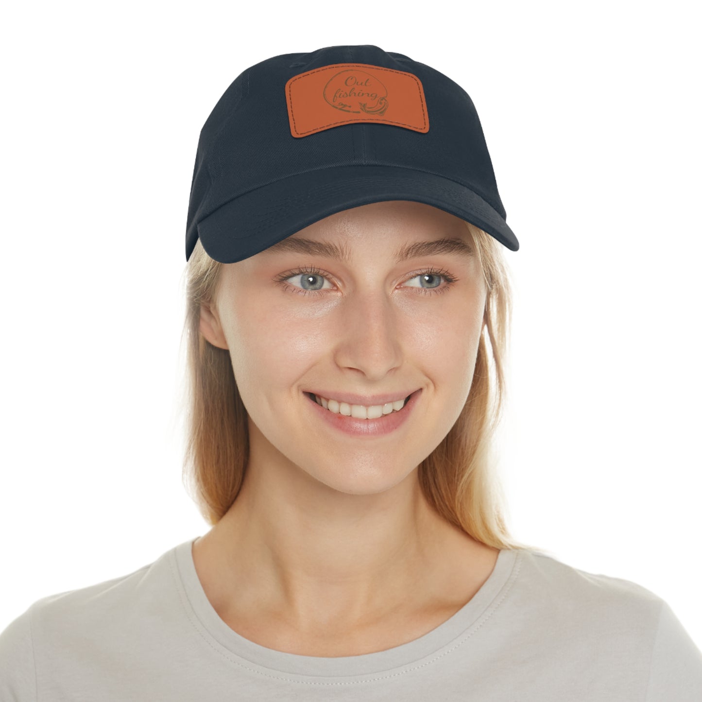 Out Fishing Dad Hat with Leather Patch (Rectangle)