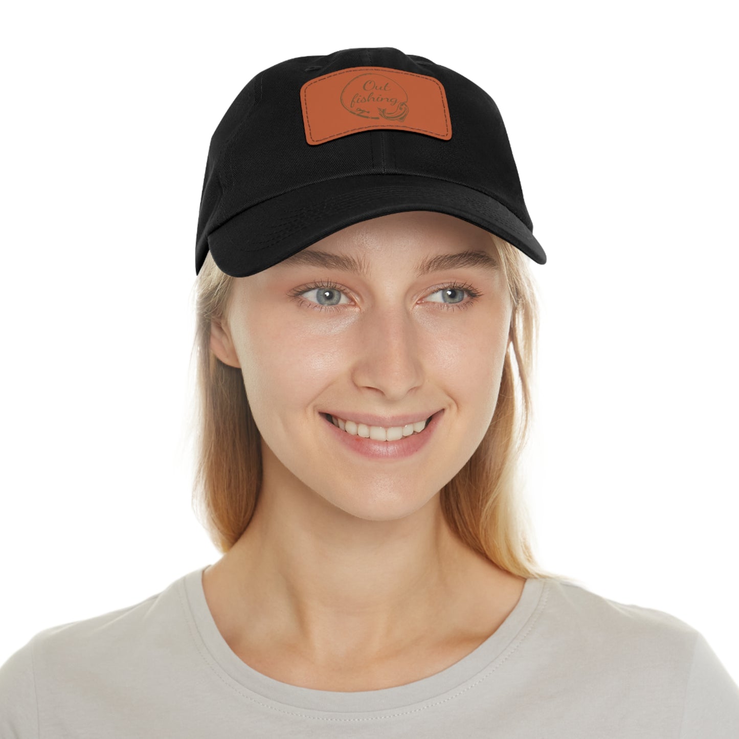 Out Fishing Dad Hat with Leather Patch (Rectangle)